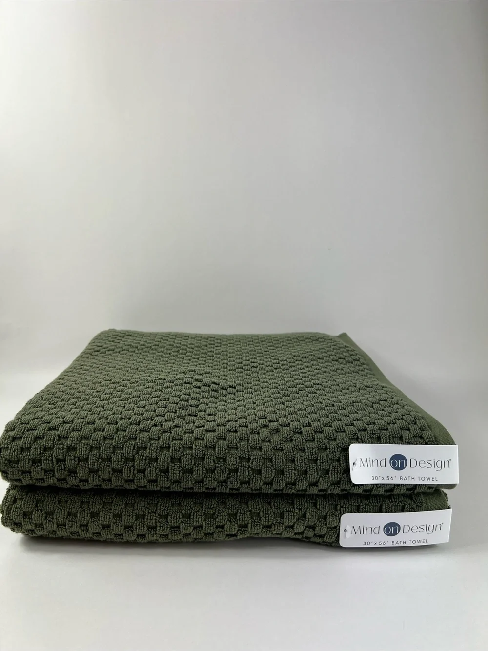 Mind On Design Olive Green Waffle Bath Towels Soft Cotton Set of 2 NEW
